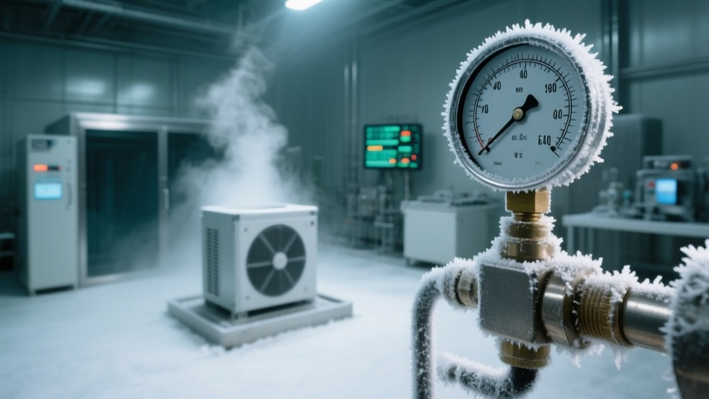 Манометр с инеем и блок холодильной системы в испытательной камере